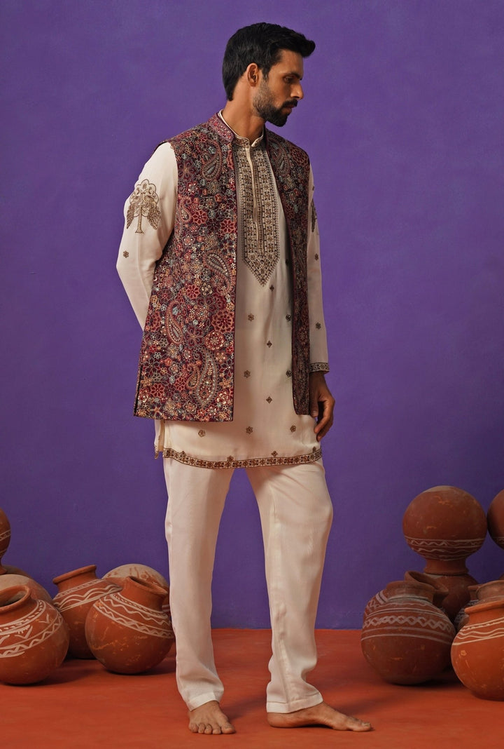 Kalpraag Ivory and Wine Georgette Short Kurta Jacket SetFabilicious Fashion
