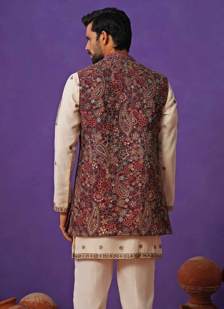 Kalpraag Ivory and Wine Georgette Short Kurta Jacket SetFabilicious Fashion