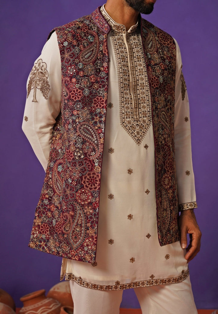 Kalpraag Ivory and Wine Georgette Short Kurta Jacket SetFabilicious Fashion