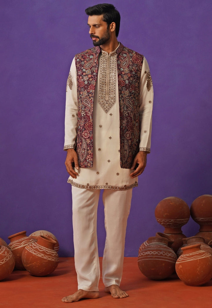 Kalpraag Ivory and Wine Georgette Short Kurta Jacket SetFabilicious Fashion