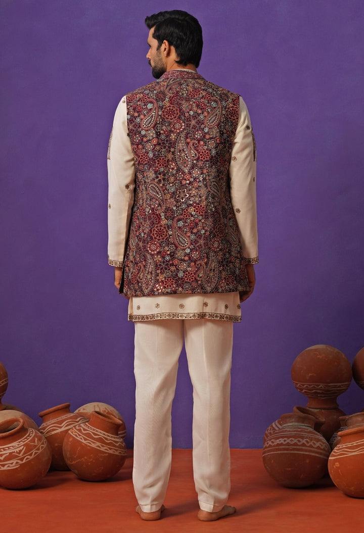 Kalpraag Ivory and Wine Georgette Short Kurta Jacket SetFabilicious Fashion