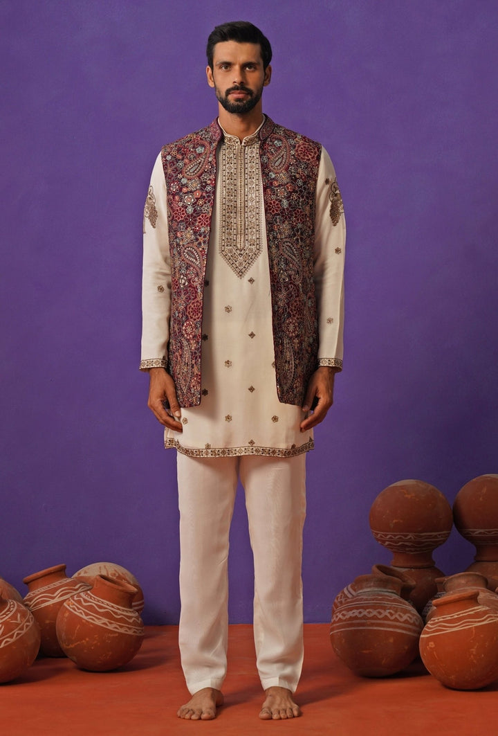 Kalpraag Ivory and Wine Georgette Short Kurta Jacket SetFabilicious Fashion