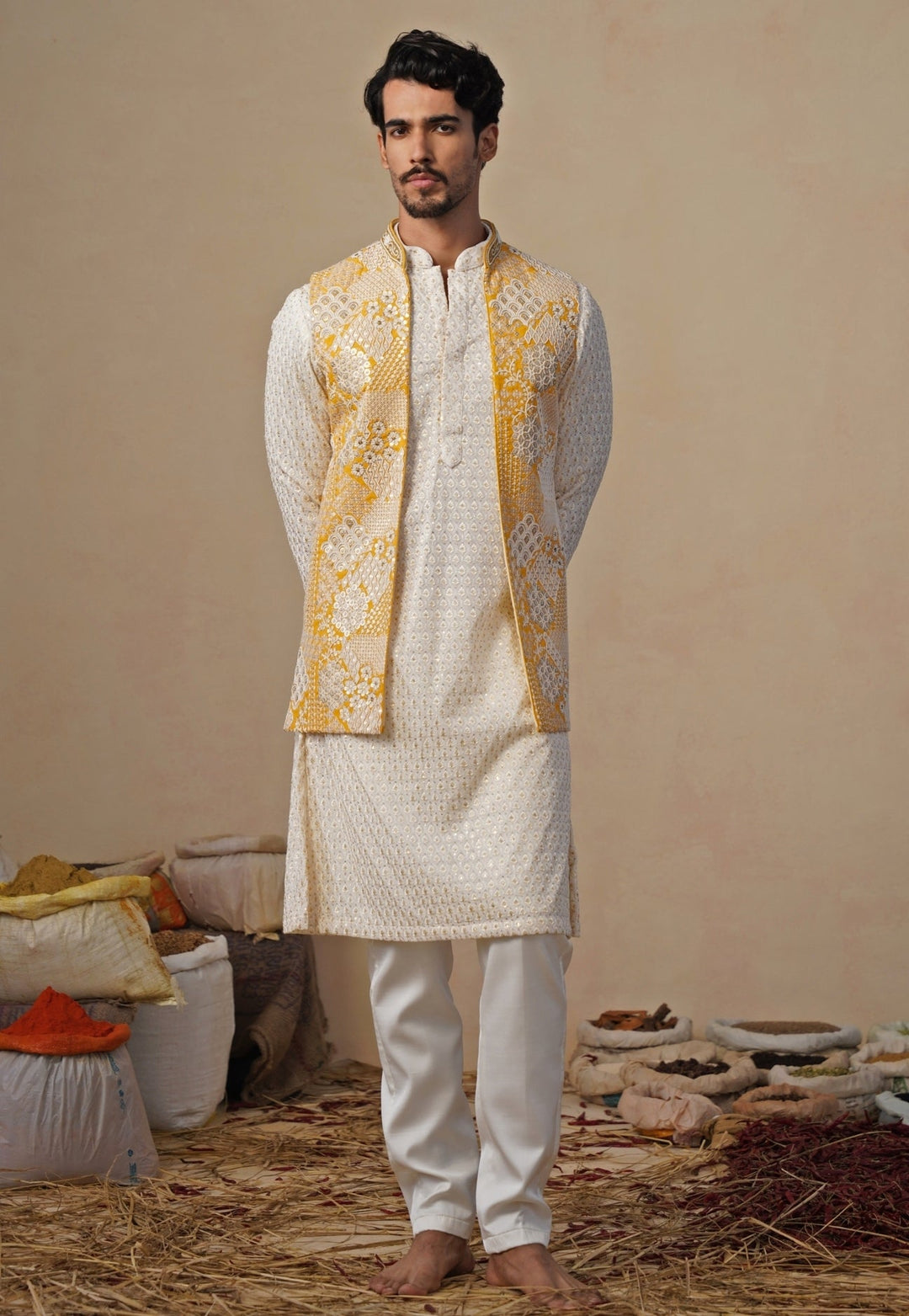 Ivory and Yellow Georgette Kurta Jacket Set Kalpraag - Fabilicious Fashion