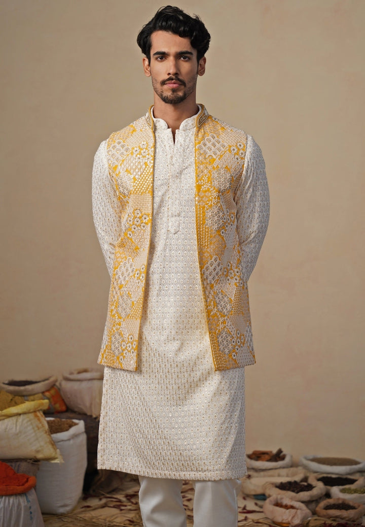 Ivory and Yellow Georgette Kurta Jacket Set Kalpraag - Fabilicious Fashion