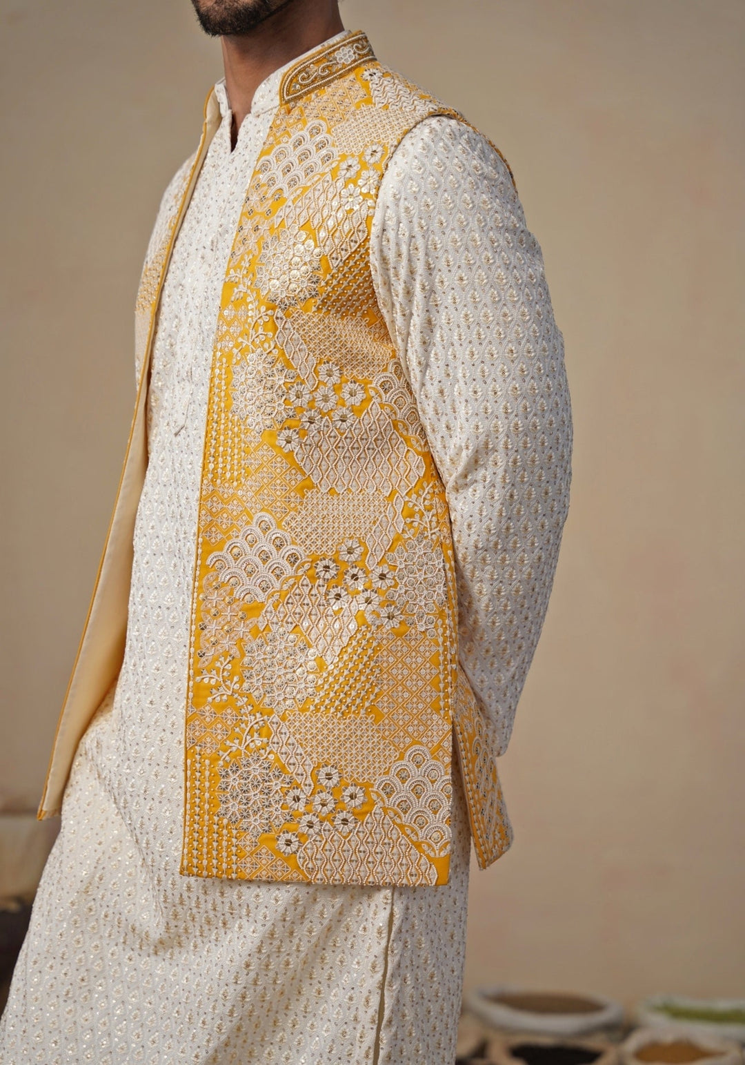 Ivory and Yellow Georgette Kurta Jacket Set Kalpraag - Fabilicious Fashion