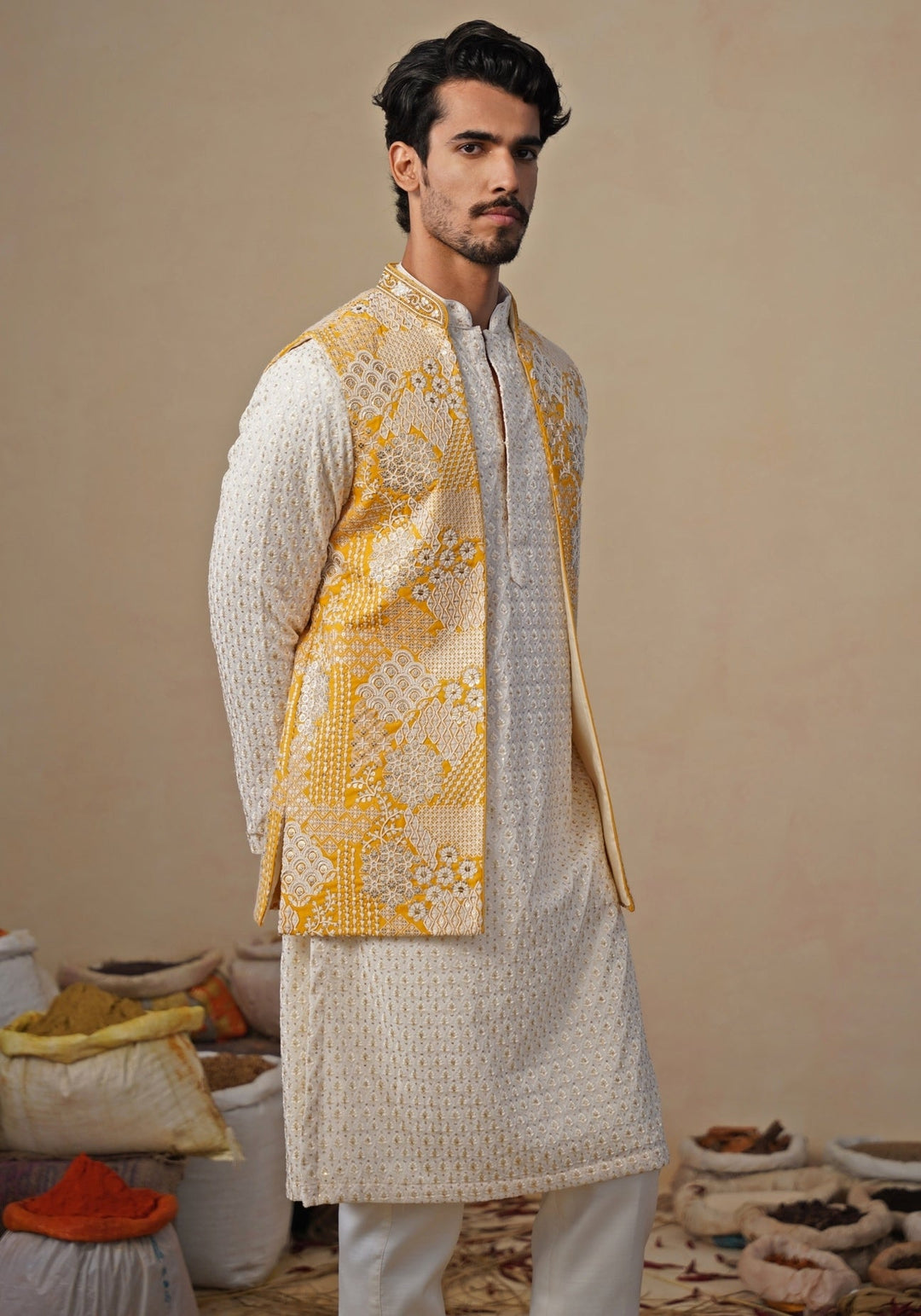 Ivory and Yellow Georgette Kurta Jacket Set Kalpraag - Fabilicious Fashion