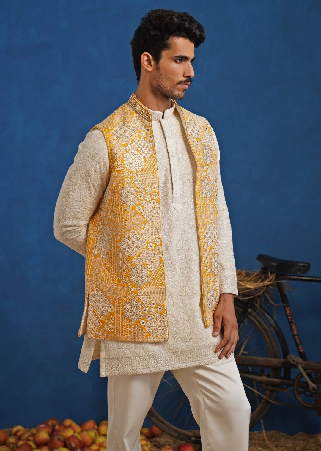 Ivory and Yellow Georgette Short Kurta Jacket Set Kalpraag - Fabilicious Fashion