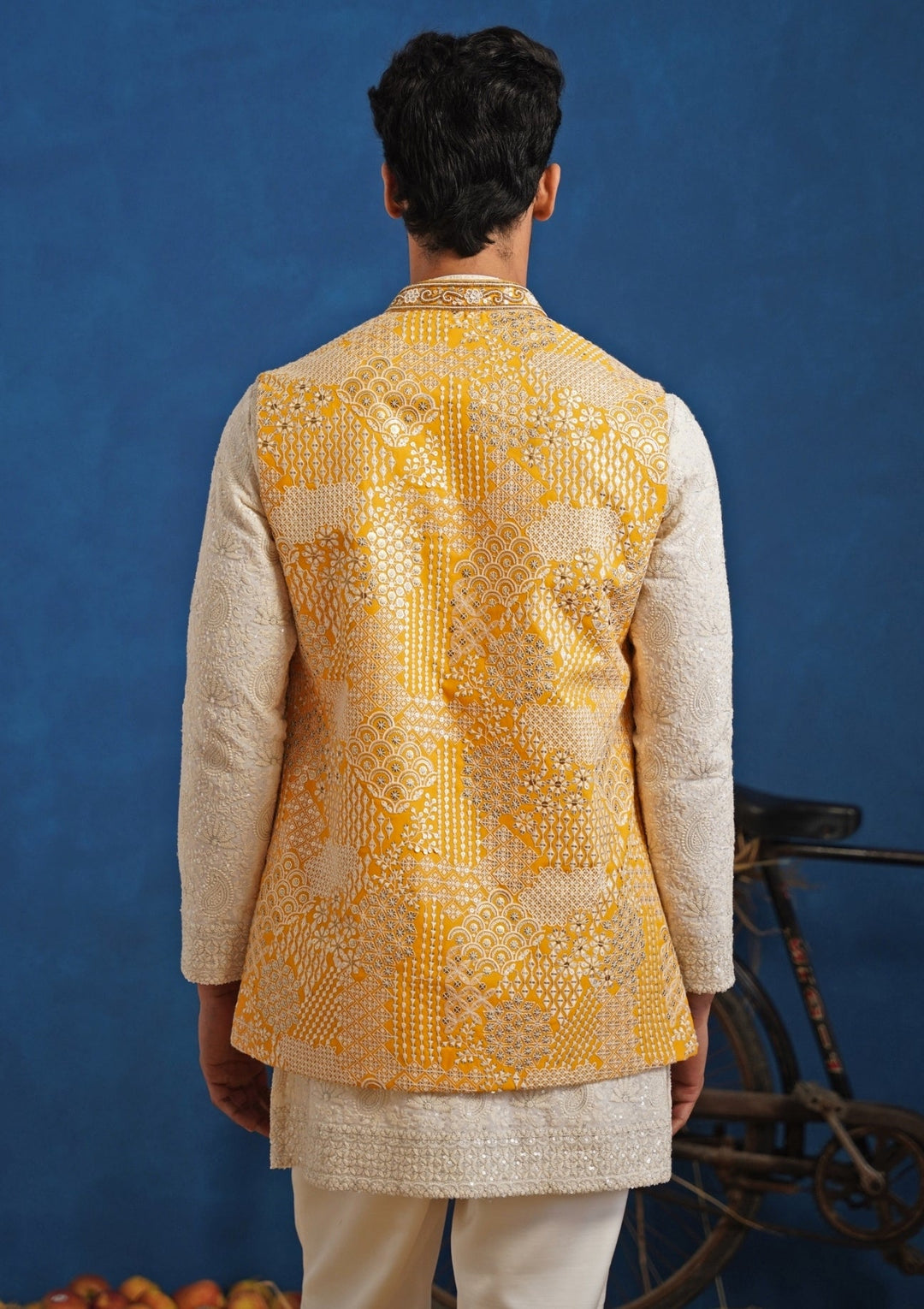 Ivory and Yellow Georgette Short Kurta Jacket Set Kalpraag - Fabilicious Fashion