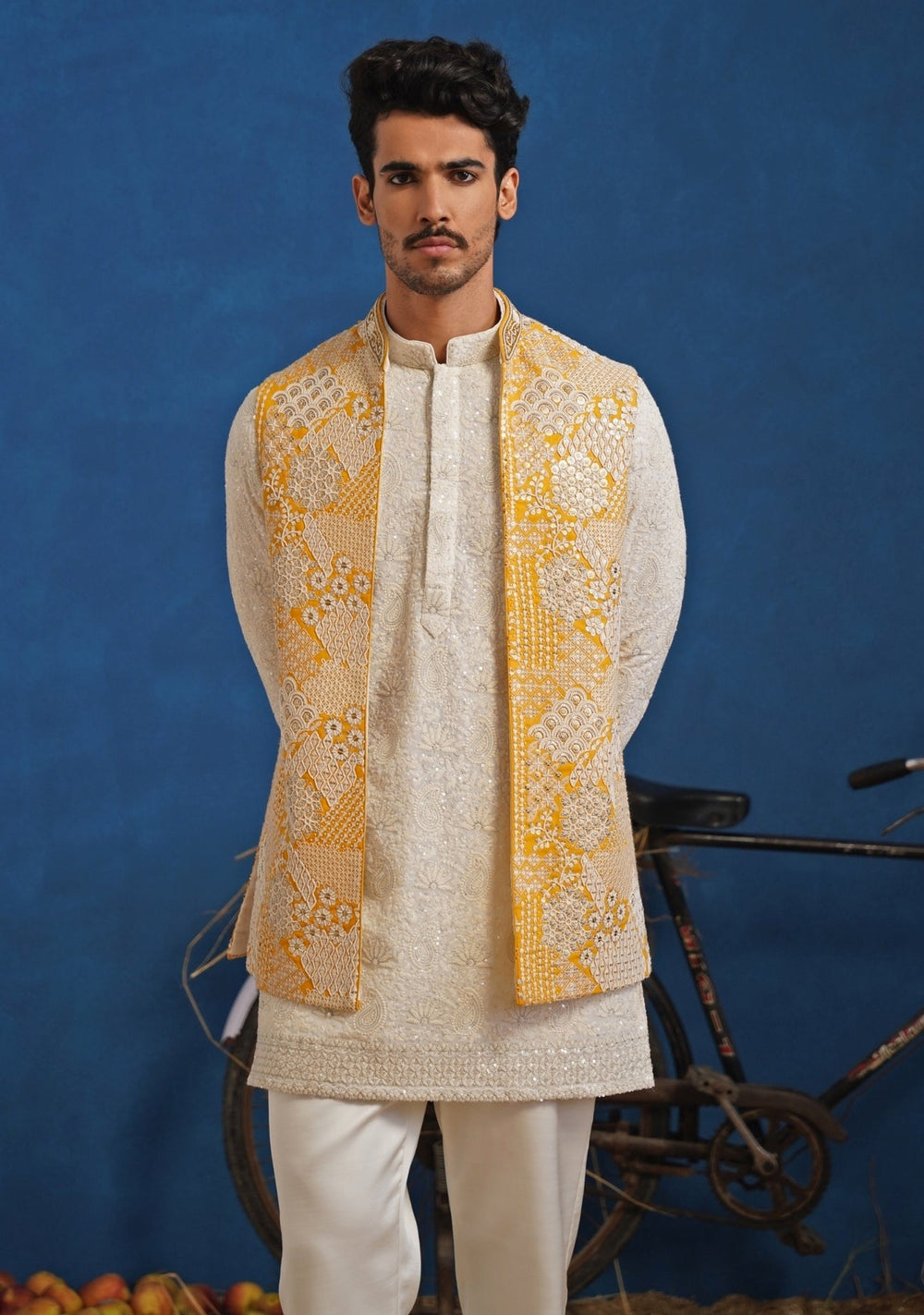 Ivory and Yellow Georgette Short Kurta Jacket Set Kalpraag - Fabilicious Fashion