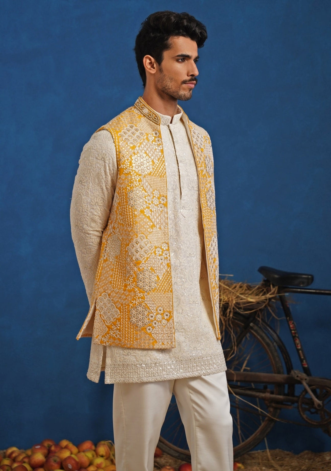 Ivory and Yellow Georgette Short Kurta Jacket Set Kalpraag - Fabilicious Fashion