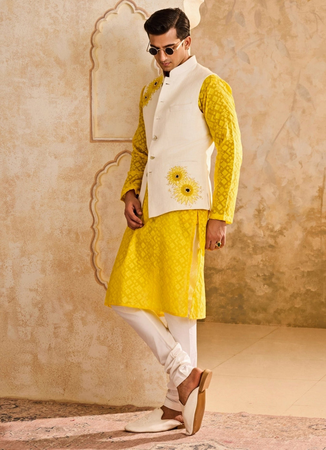 Ivory and Yellow Linen Nehru Jacket Set Nitika Gujral - Men - Fabilicious Fashion