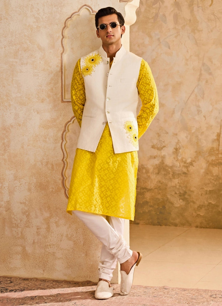 Ivory and Yellow Linen Nehru Jacket Set Nitika Gujral - Men - Fabilicious Fashion