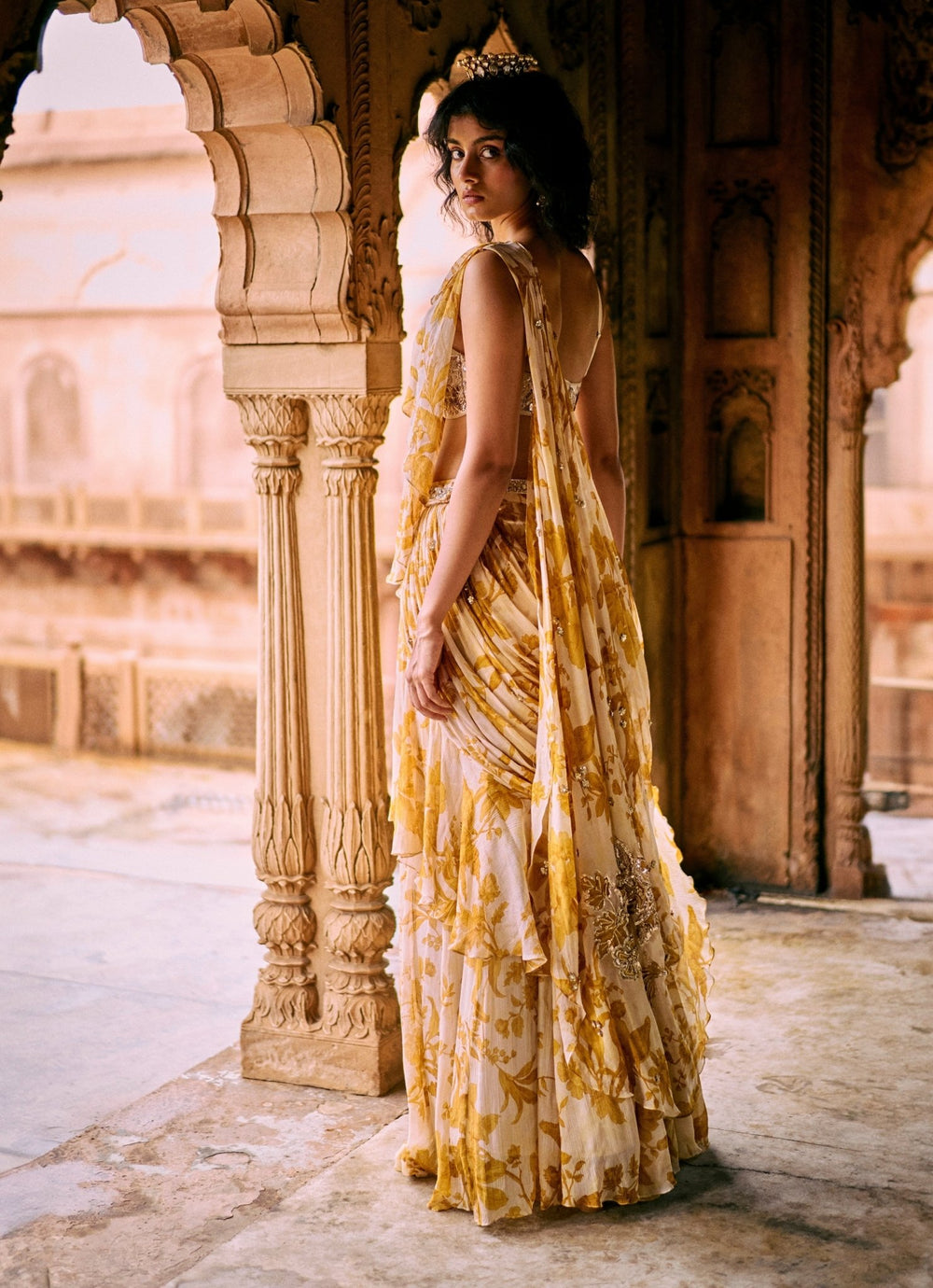 Ivory And Yellow Printed Chiffon Predraped Saree Paulmi and Harsh - Fabilicious Fashion