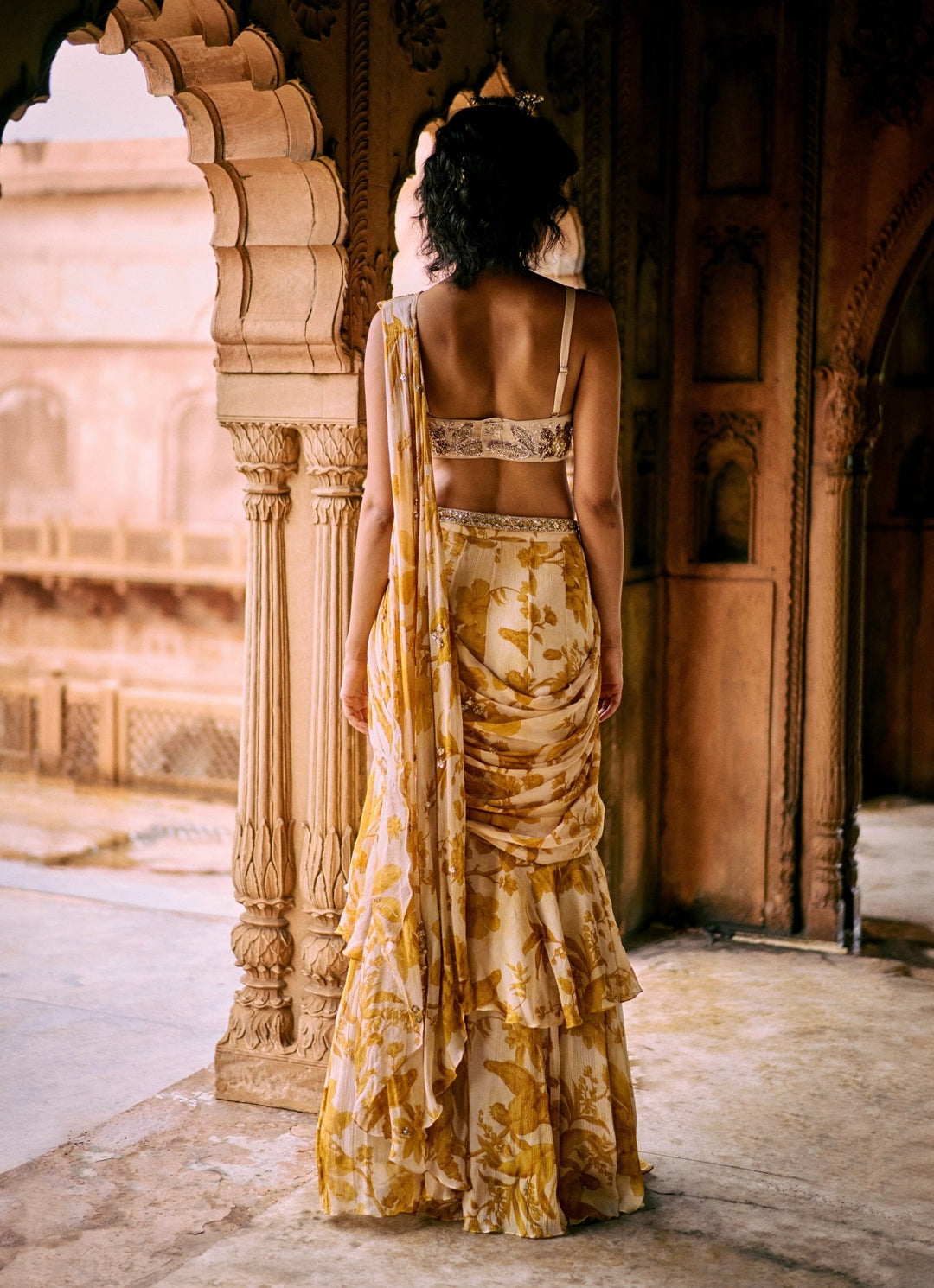 Ivory And Yellow Printed Chiffon Predraped Saree Paulmi and Harsh - Fabilicious Fashion