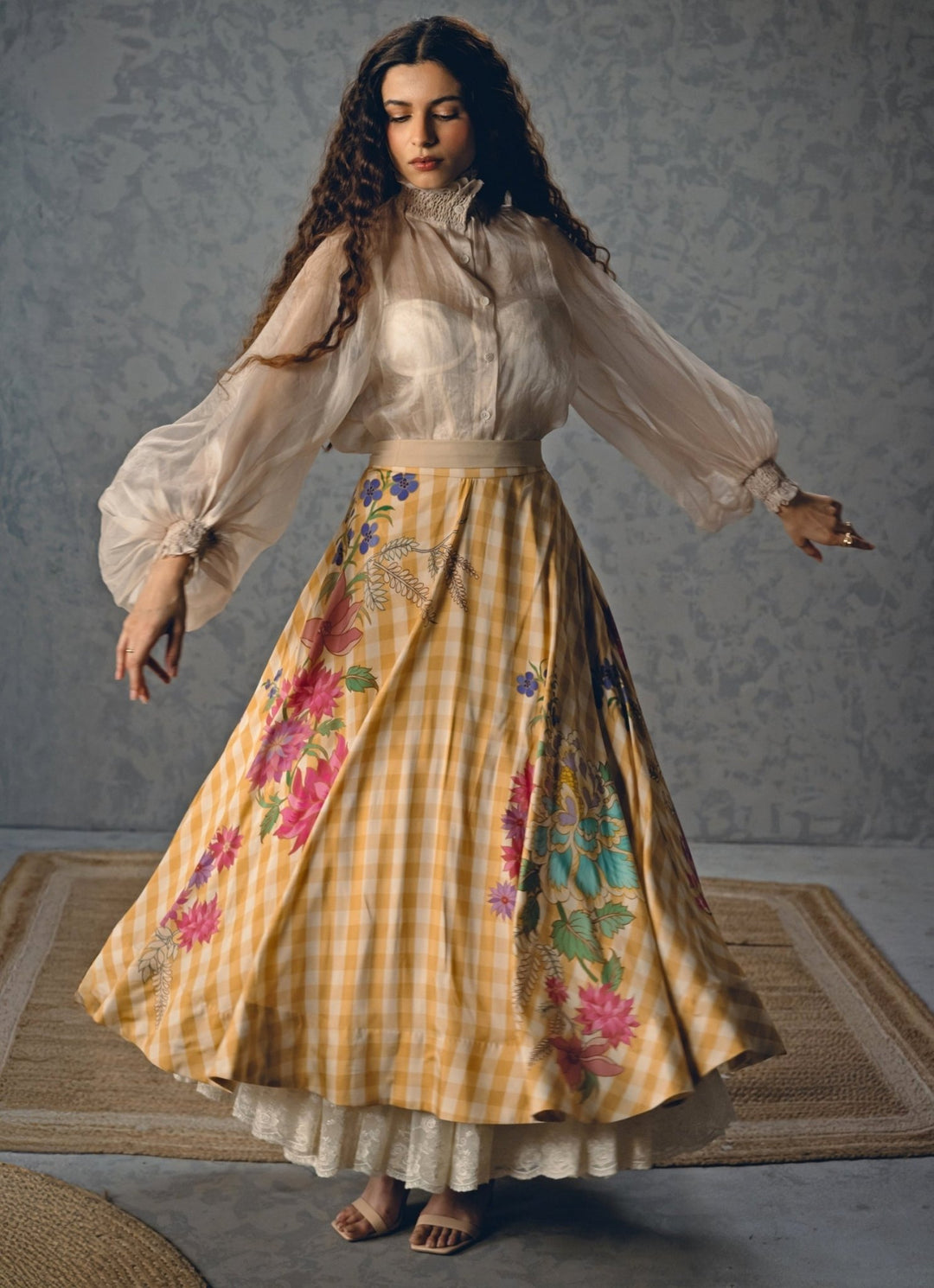 Paulmi and Harsh X Ease Ivory And Yellow Printed Silk Skirt SetFabilicious Fashion