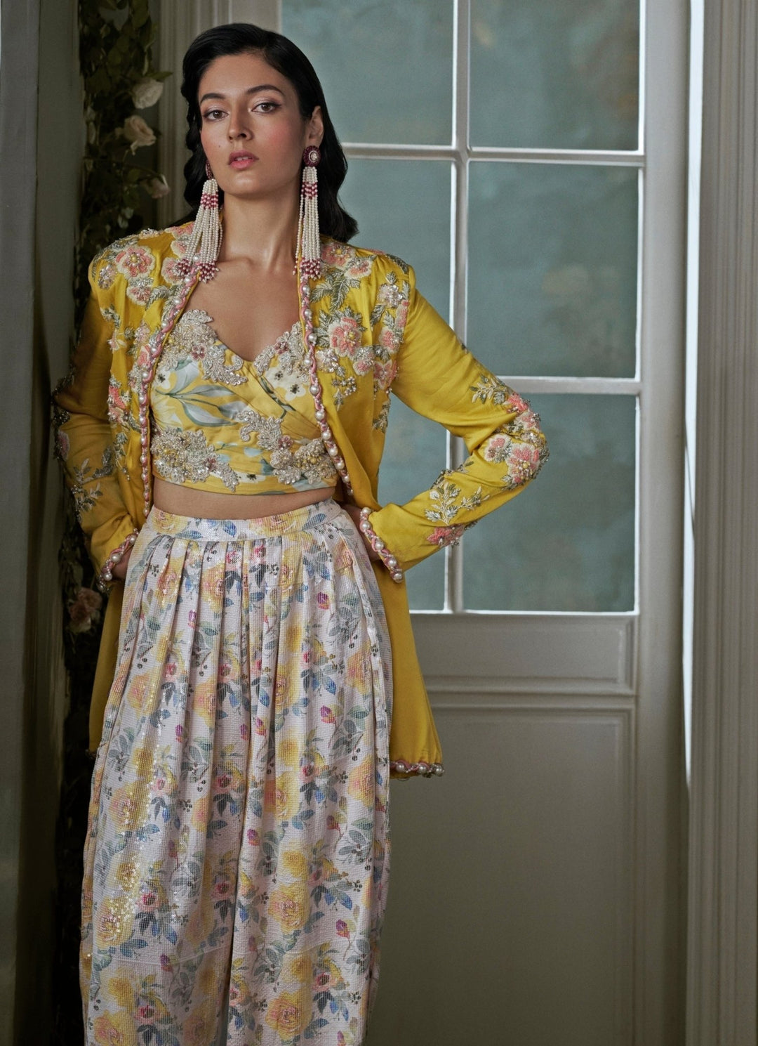 Ivory And Yellow Taffeta Silk Jacket Trouser Set With Corset Nitika Gujral - Fabilicious Fashion