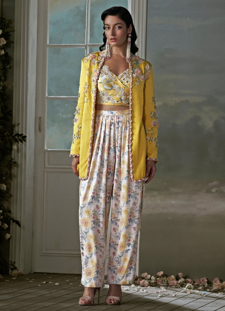 Ivory And Yellow Taffeta Silk Jacket Trouser Set With Corset Nitika Gujral - Fabilicious Fashion