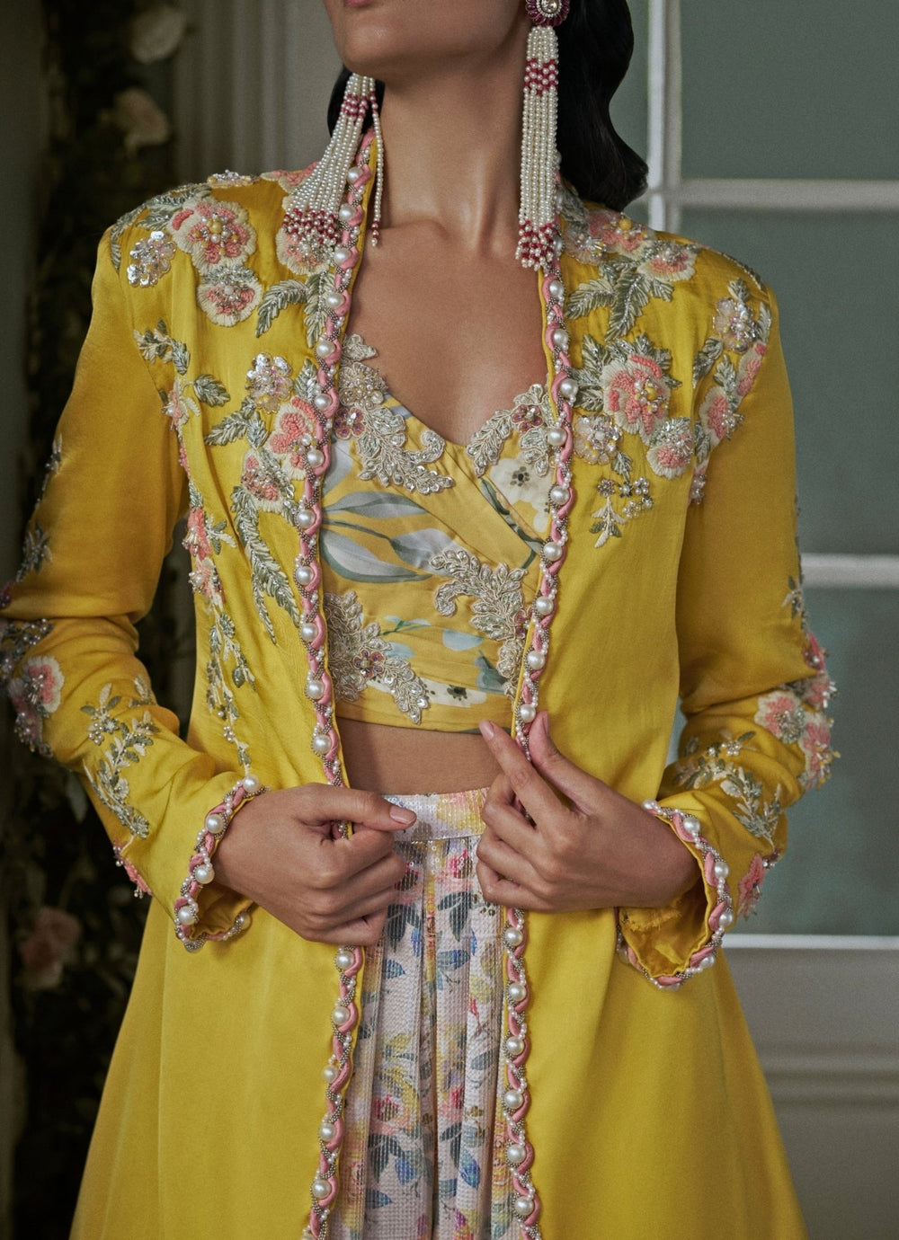 Ivory And Yellow Taffeta Silk Jacket Trouser Set With Corset Nitika Gujral - Fabilicious Fashion