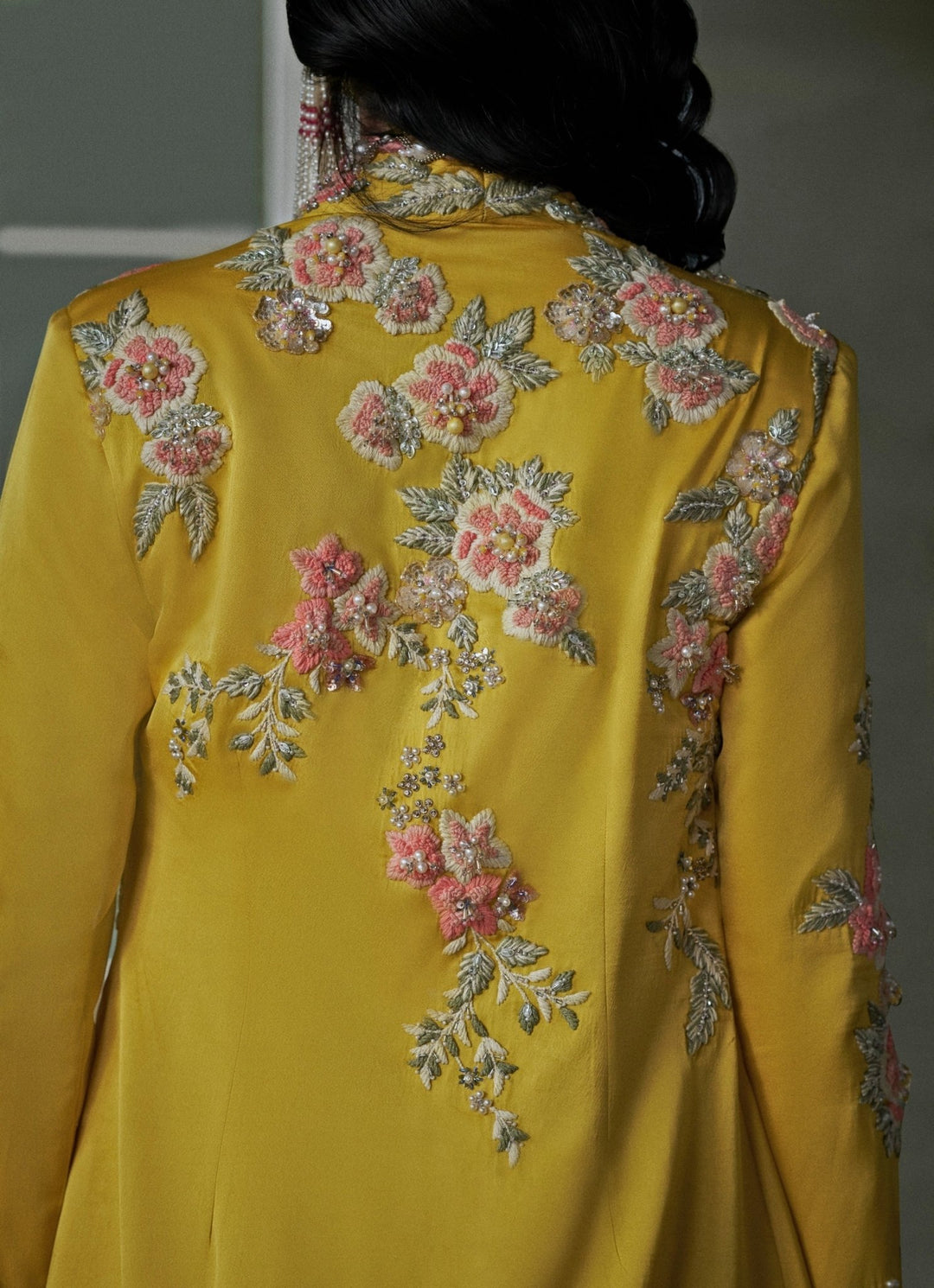 Ivory And Yellow Taffeta Silk Jacket Trouser Set With Corset Nitika Gujral - Fabilicious Fashion