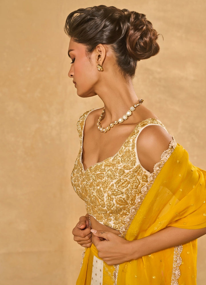 Ivory And Yellow Tissue Jamewar Lehenga Chamee &amp; Palak - Fabilicious Fashion