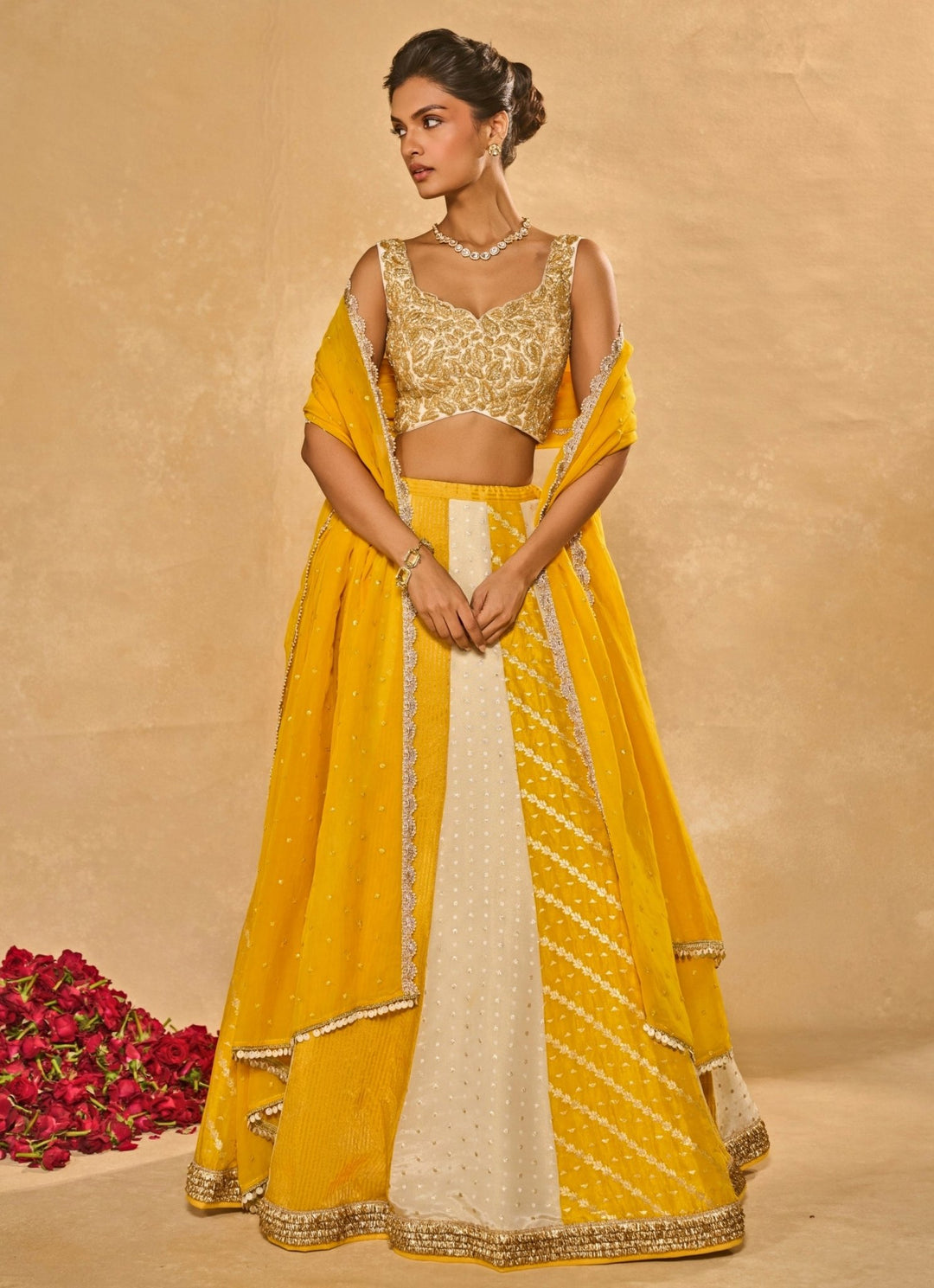 Ivory And Yellow Tissue Jamewar Lehenga Chamee &amp; Palak - Fabilicious Fashion