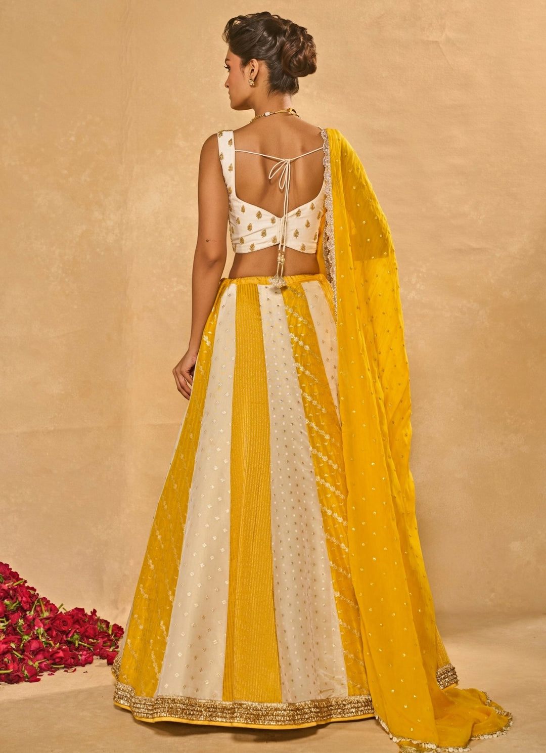 Ivory And Yellow Tissue Jamewar Lehenga Chamee &amp; Palak - Fabilicious Fashion
