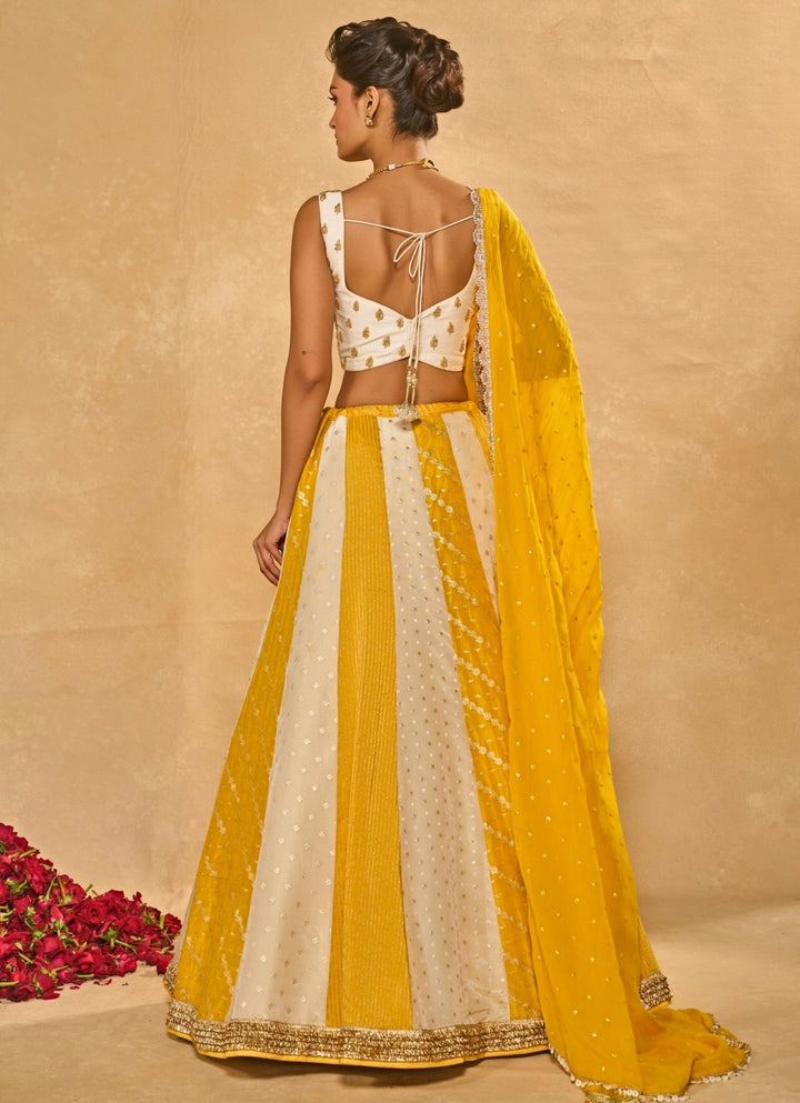 Ivory And Yellow Tissue Jamewar Lehenga Chamee &amp; Palak - Fabilicious Fashion