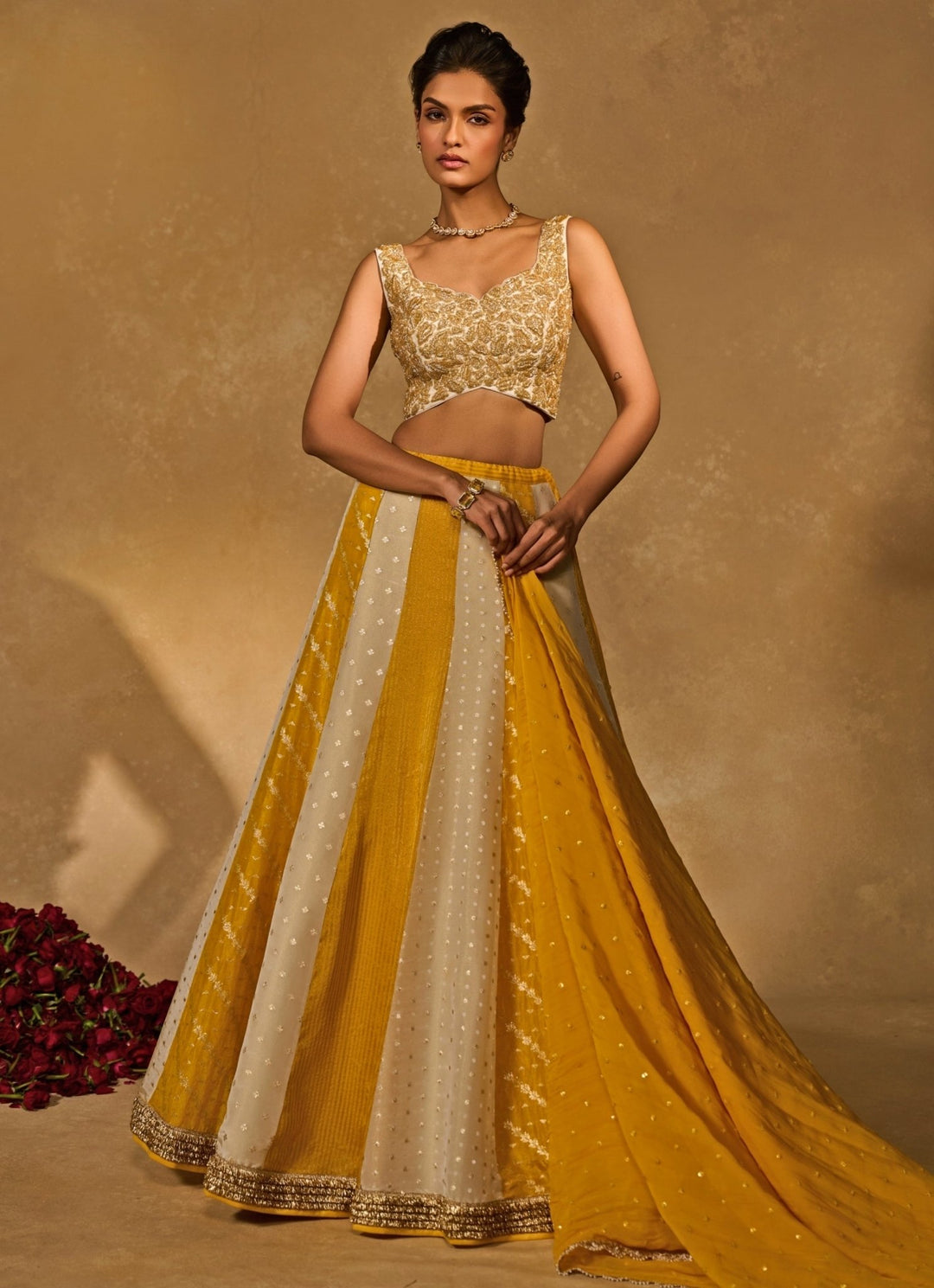 Ivory And Yellow Tissue Jamewar Lehenga Chamee &amp; Palak - Fabilicious Fashion