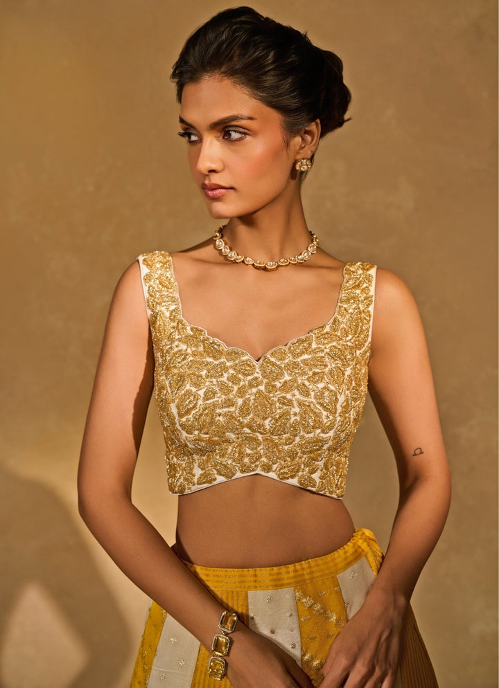 Ivory And Yellow Tissue Jamewar Lehenga Chamee &amp; Palak - Fabilicious Fashion