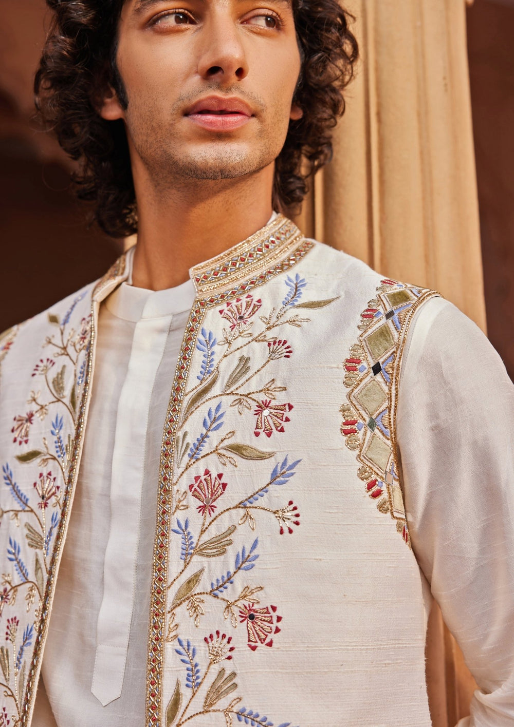 Ivory Applique Nehru Jacket Set Contrast By Parth - Fabilicious Fashion