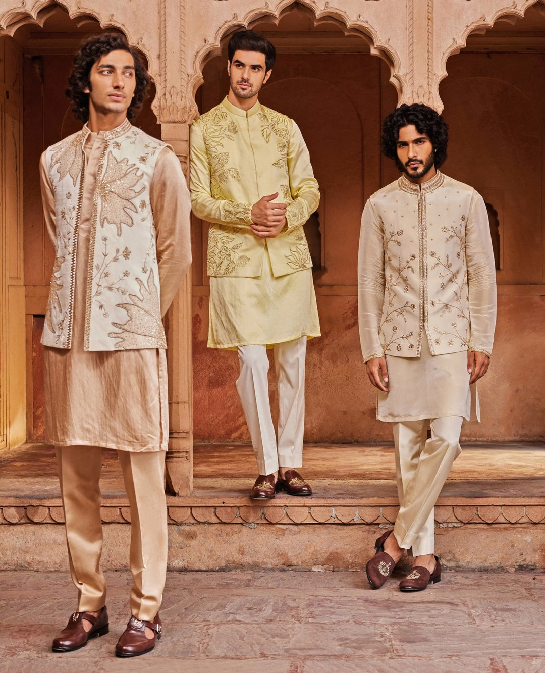 Ivory Applique Nehru Jacket Set Contrast By Parth - Fabilicious Fashion