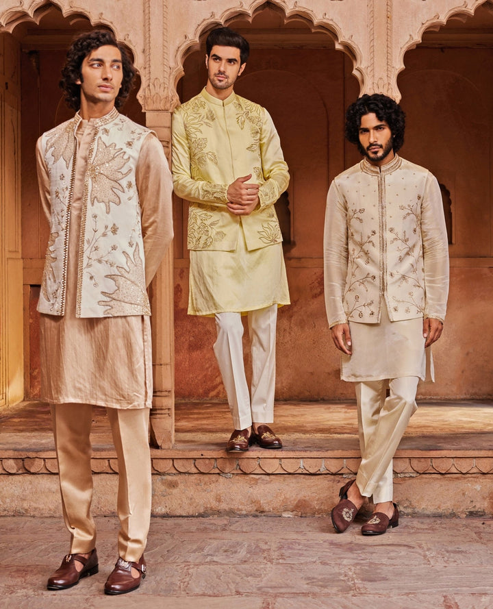 Ivory Applique Nehru Jacket Set Contrast By Parth - Fabilicious Fashion
