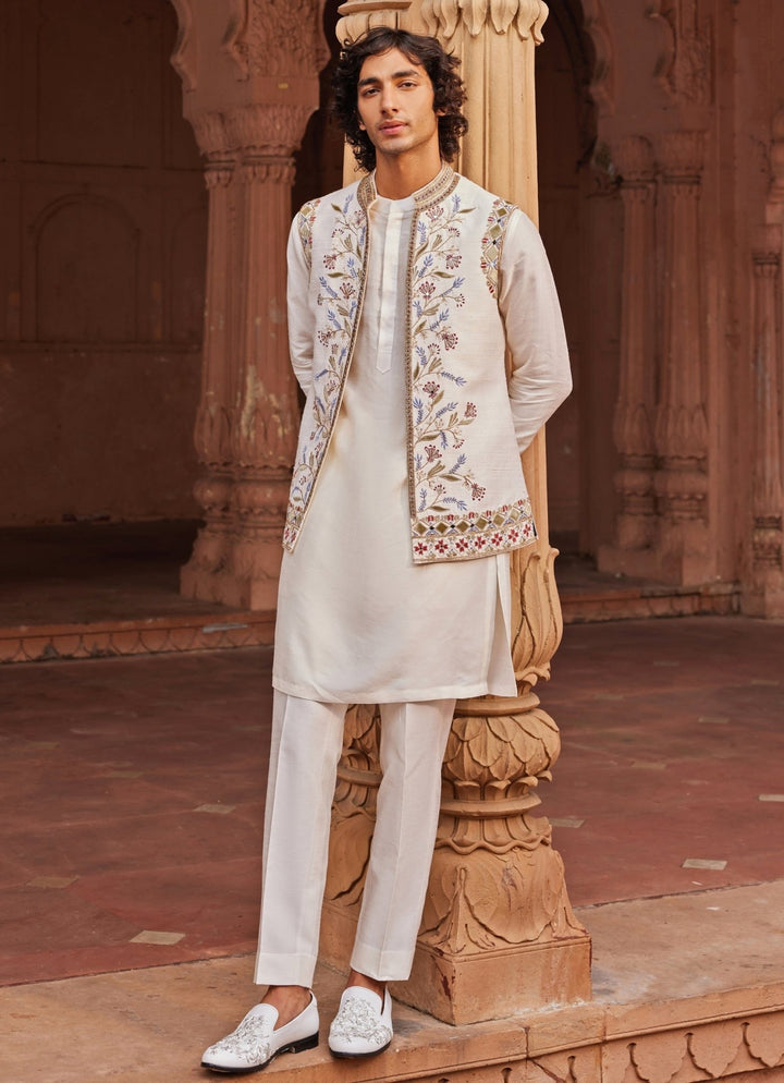 Ivory Applique Nehru Jacket Set Contrast By Parth - Fabilicious Fashion
