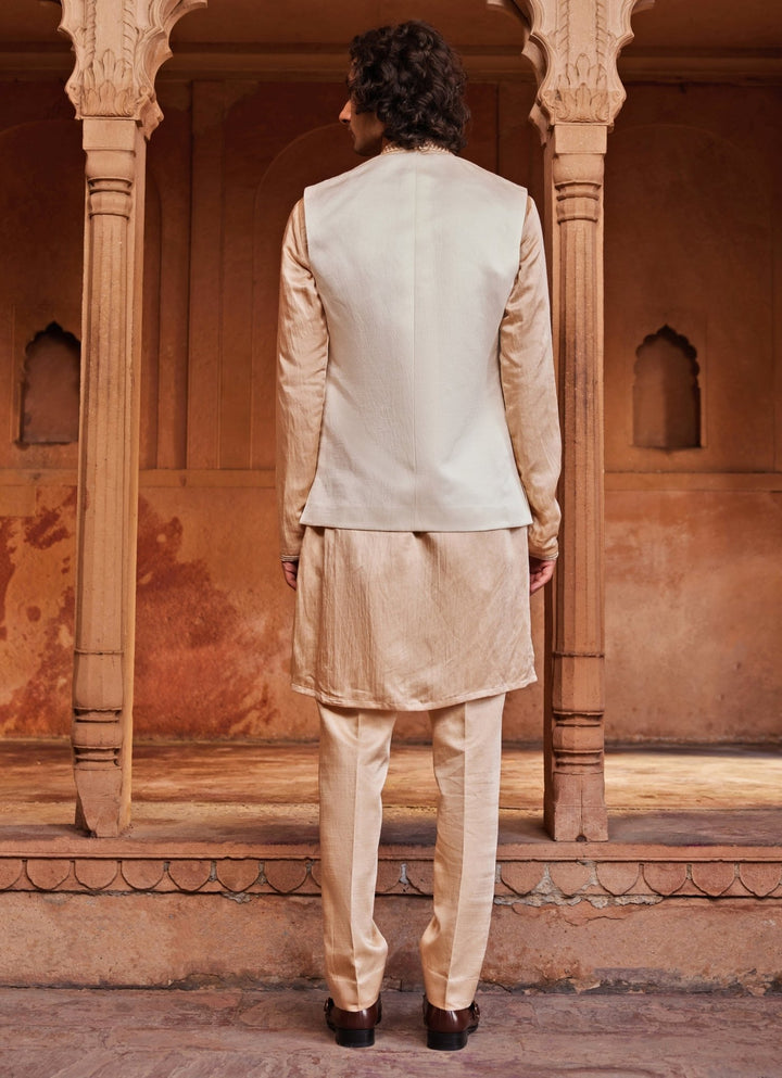 Ivory Applique Nehru Jacket Set Contrast By Parth - Fabilicious Fashion