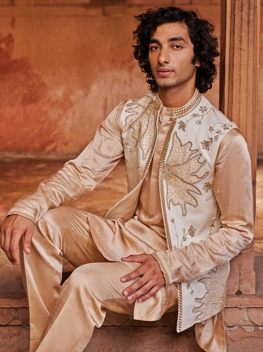 Ivory Applique Nehru Jacket Set Contrast By Parth - Fabilicious Fashion