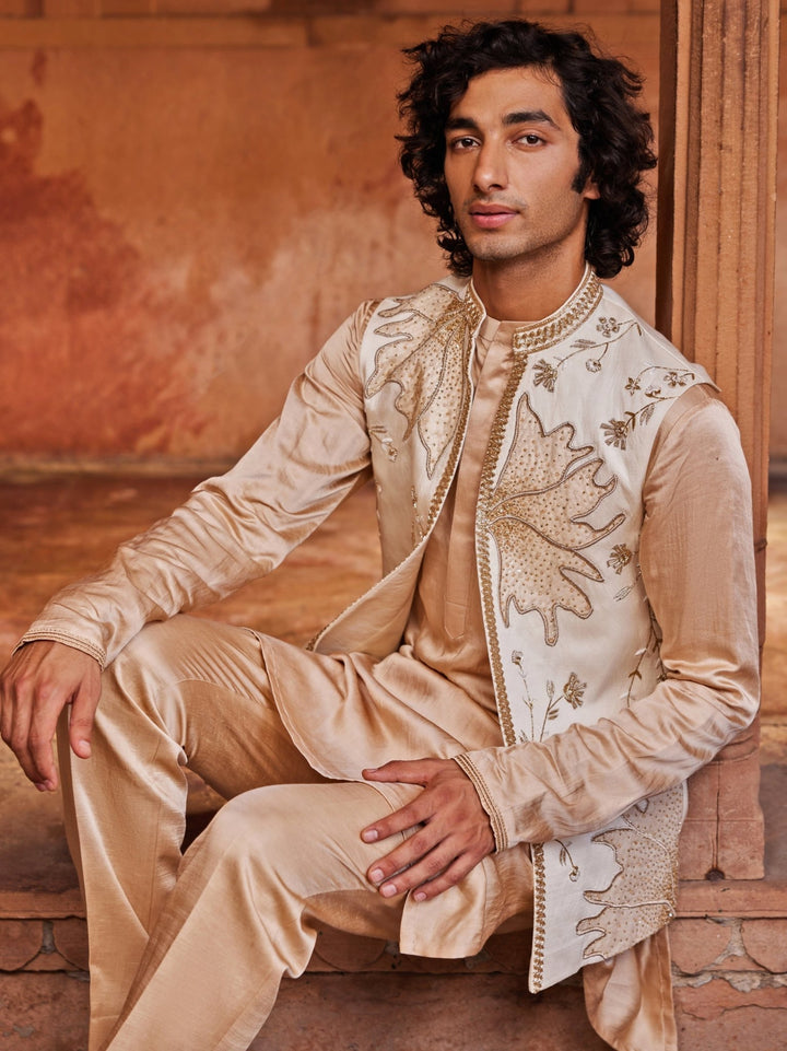 Ivory Applique Nehru Jacket Set Contrast By Parth - Fabilicious Fashion