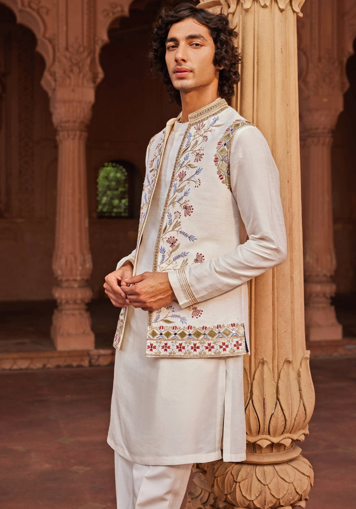 Ivory Applique Nehru Jacket Set Contrast By Parth - Fabilicious Fashion