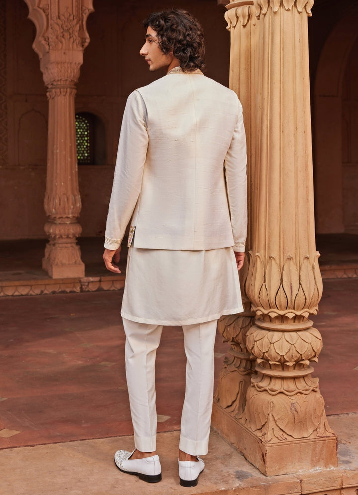 Ivory Applique Nehru Jacket Set Contrast By Parth - Fabilicious Fashion