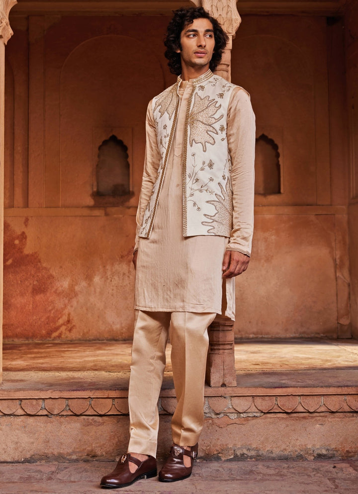 Ivory Applique Nehru Jacket Set Contrast By Parth - Fabilicious Fashion