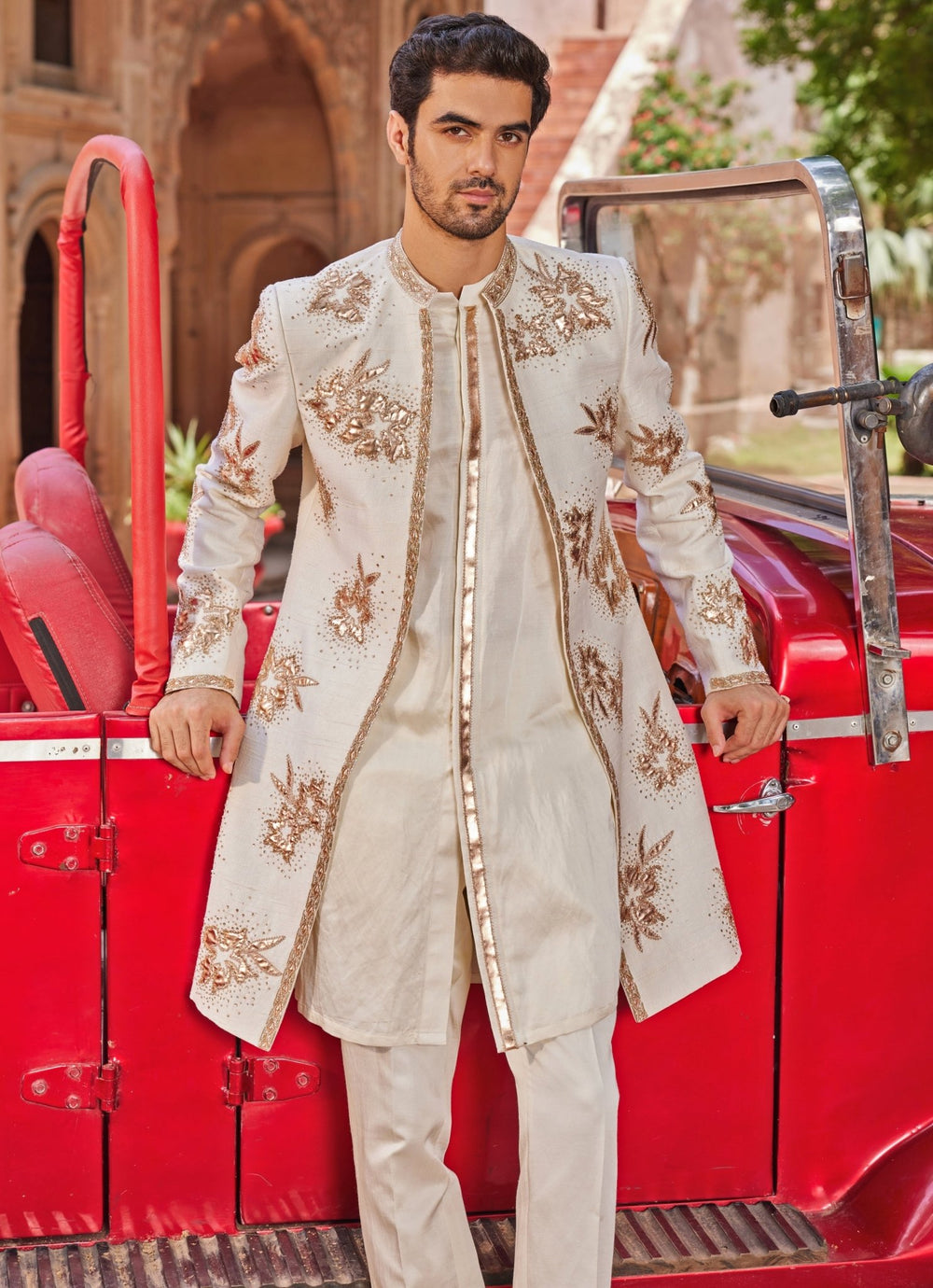 Ivory Applique Sherwani Set Contrast By Parth - Fabilicious Fashion