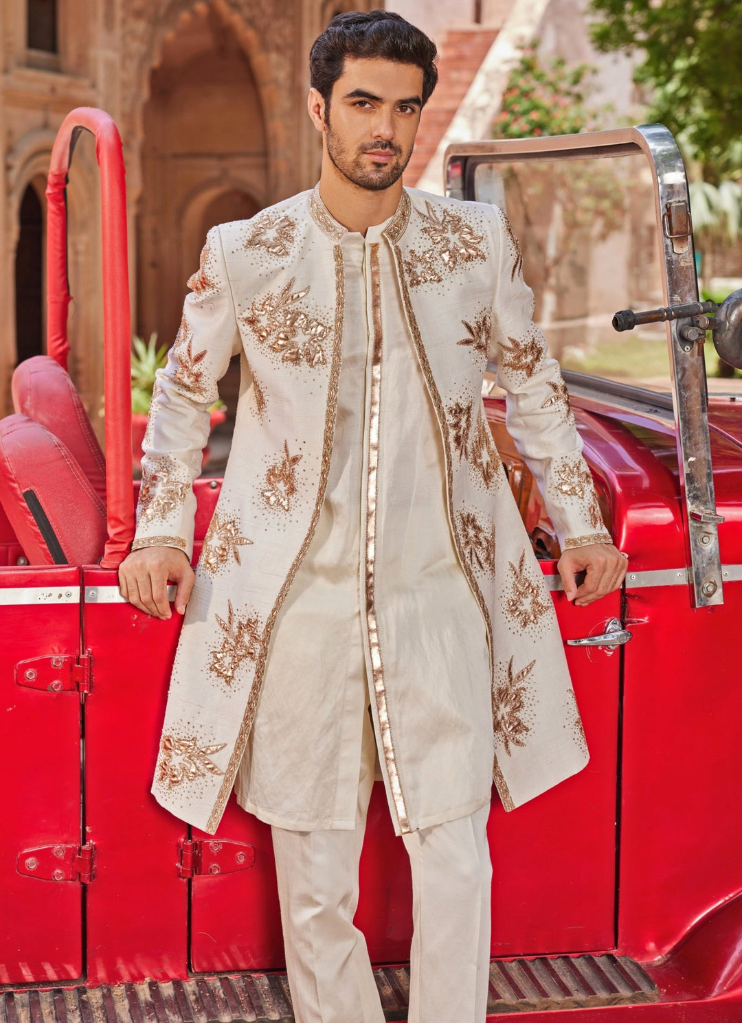 Ivory Applique Sherwani Set Contrast By Parth - Fabilicious Fashion
