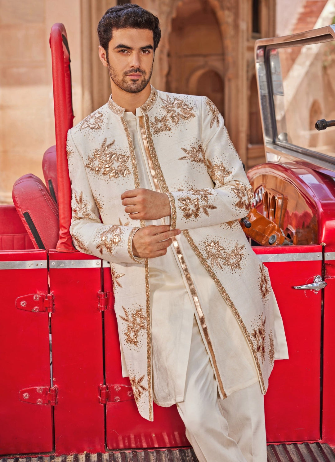 Ivory Applique Sherwani Set Contrast By Parth - Fabilicious Fashion