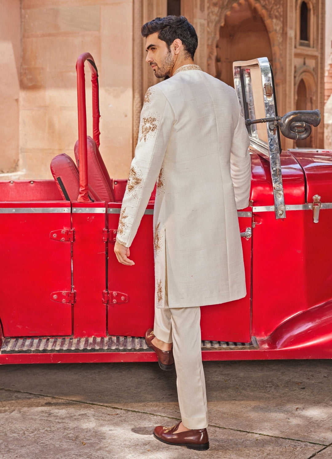 Ivory Applique Sherwani Set Contrast By Parth - Fabilicious Fashion