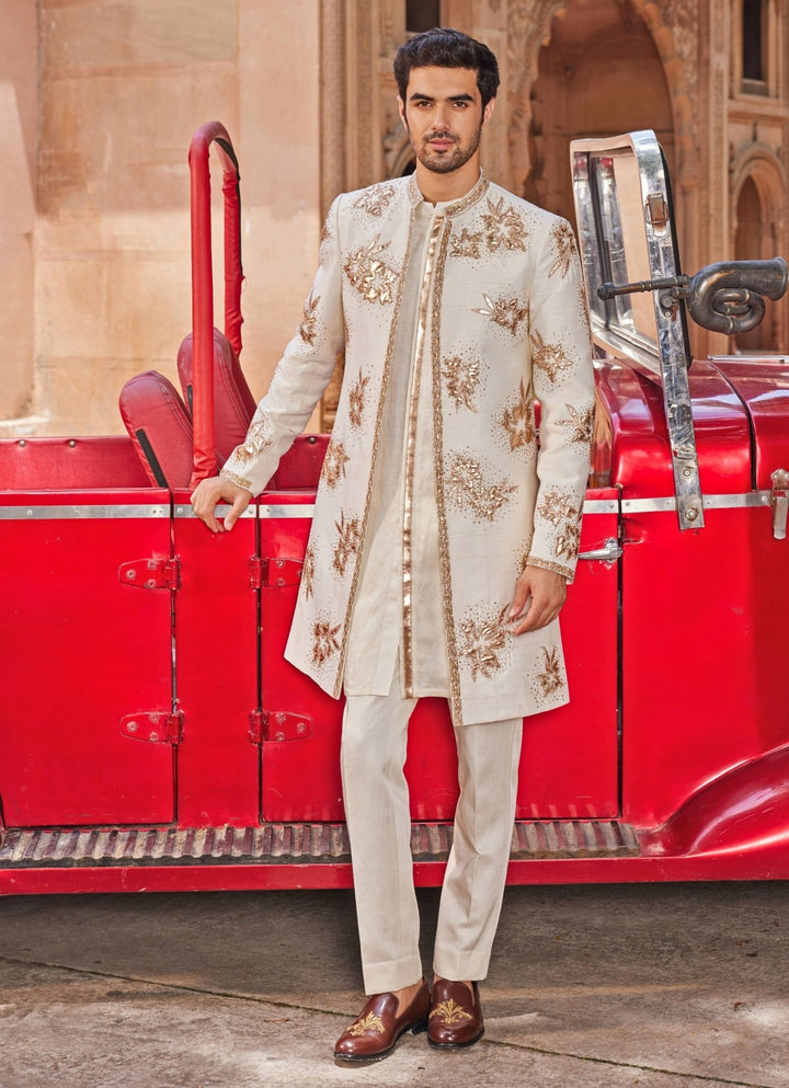 Ivory Applique Sherwani Set Contrast By Parth - Fabilicious Fashion