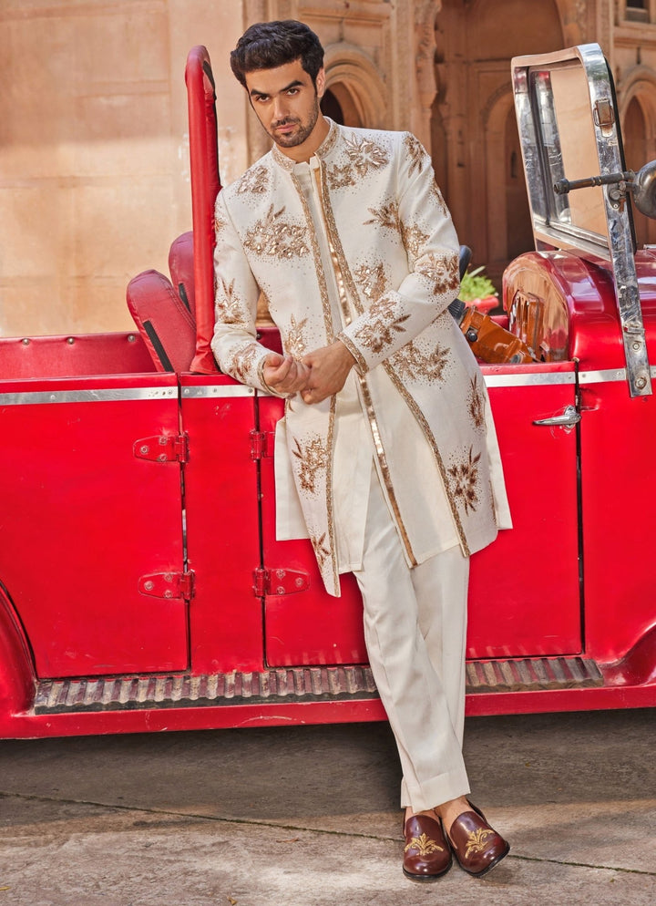 Ivory Applique Sherwani Set Contrast By Parth - Fabilicious Fashion