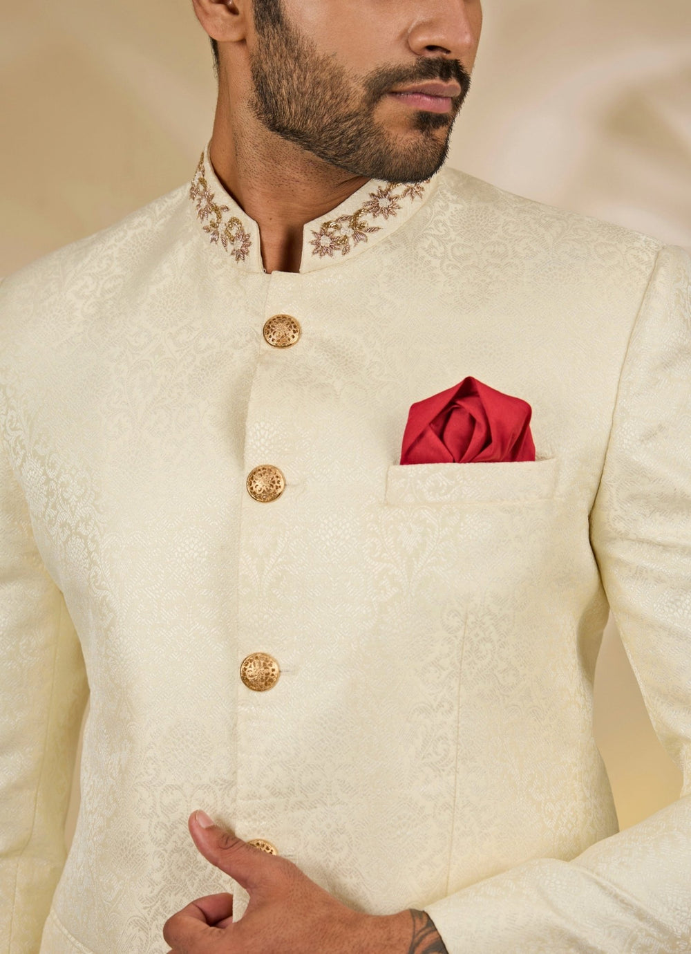 Ivory Banarasi Brocade Bandhgala Set Manish Nagdeo - Fabilicious Fashion