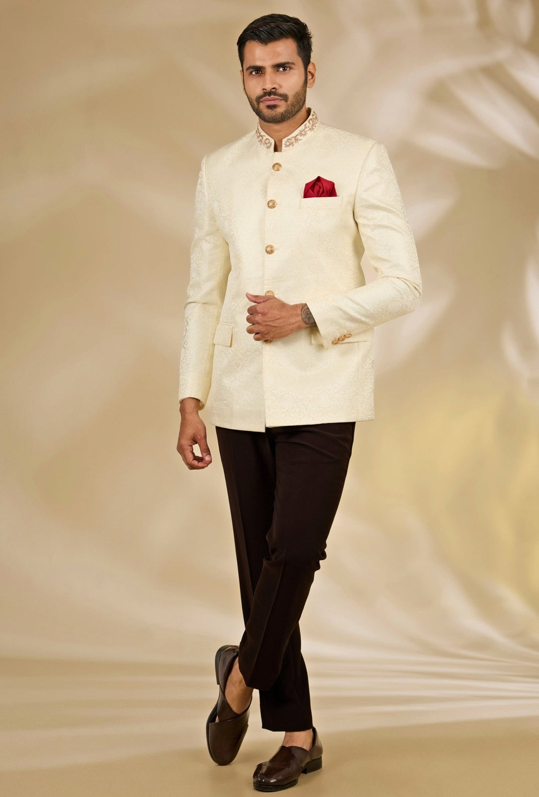 Ivory Banarasi Brocade Bandhgala Set Manish Nagdeo - Fabilicious Fashion