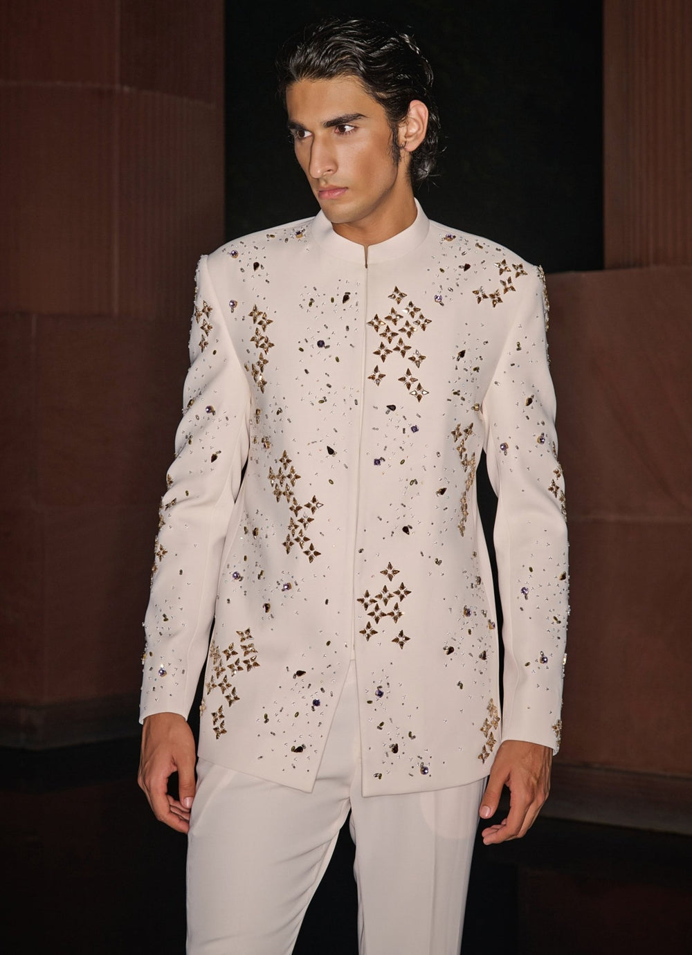 Ivory Bandhgala Set With Crystal and Stonework Contrast By Parth - Fabilicious Fashion