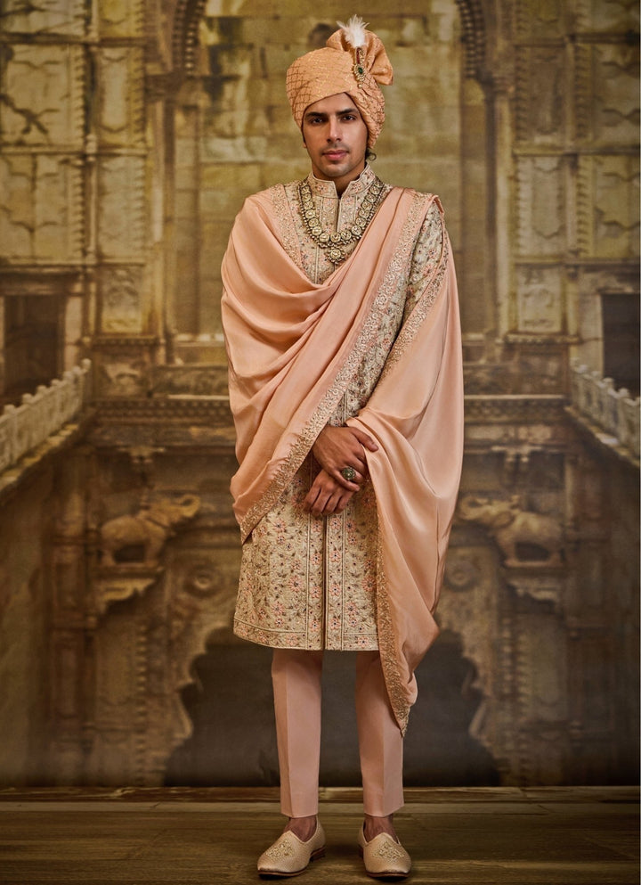 Ivory Brocade Sherwani Set Nitika Gujral - Men - Fabilicious Fashion