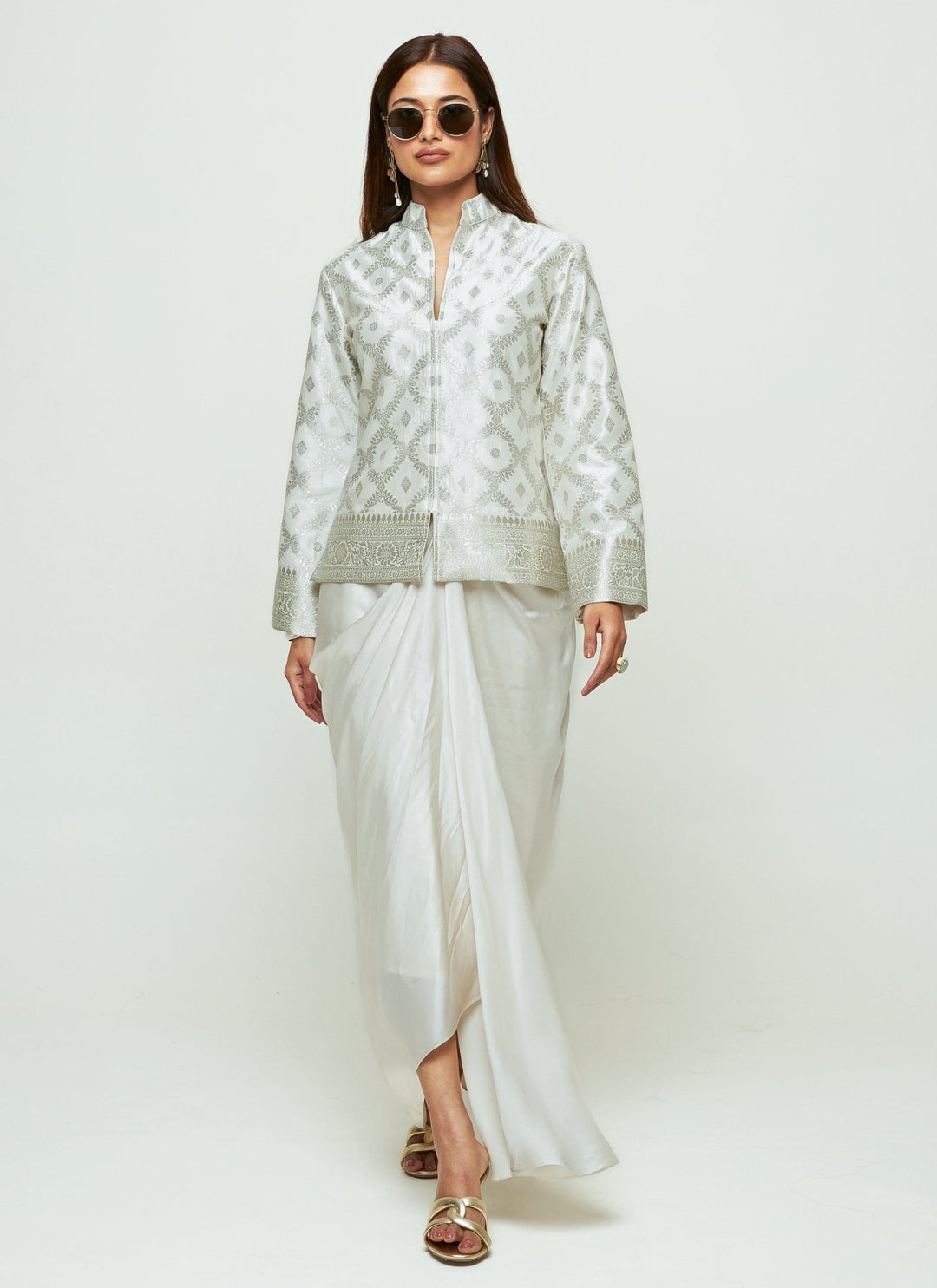Sobariko Ivory Brocade Silk Jacket With Drape Skirt SetFabilicious Fashion